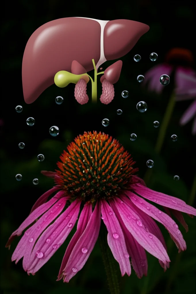 Immagine fotorealistica concettuale: una pianta di Echinacea purpurea luminosa che protegge simbolicamente un fegato e dei testicoli stilizzati da gocce scure rappresentanti il pesticida clorpirifos, lente 35mm, profondità di campo, illuminazione drammatica che evidenzia il contrasto tra protezione naturale e minaccia chimica.
