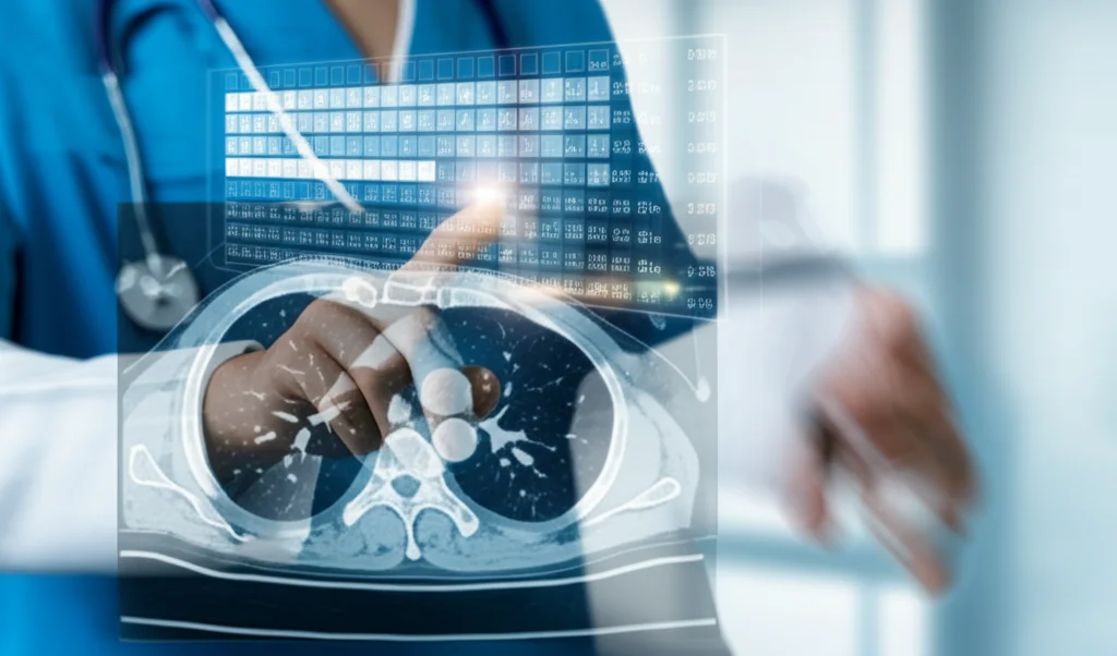 Primo piano fotorealistico delle mani di un medico che indicano una sovrapposizione digitale luminosa di un nomogramma su una TAC dei polmoni umani, illuminazione di sfondo soffusa, focus sul grafico e sulla scansione, obiettivo 35mm, profondità di campo.