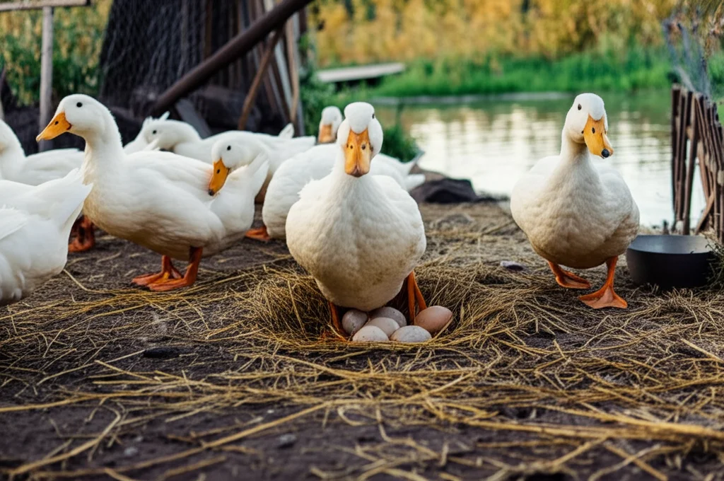 Un gruppo di anatre di tipo Pechino (bianche) in un recinto all'aperto vicino a uno specchio d'acqua, alcune stanno deponendo uova nella paglia. Scena rurale, obiettivo zoom 150mm, luce naturale del tardo pomeriggio, cattura del movimento naturale.