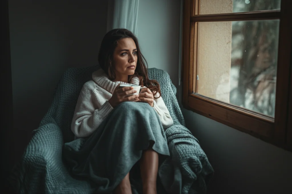 Una donna seduta su una poltrona guarda fuori da una finestra in una giornata uggiosa, tiene tra le mani una tazza calda, espressione malinconica ma riflessiva, luce naturale soffusa che entra dalla finestra, obiettivo 35mm, colori leggermente desaturati per un'atmosfera intima, profondità di campo media.