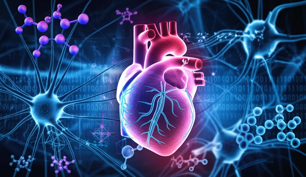 Visualizzazione concettuale astratta del cuore umano stilizzato, circondato da una rete complessa di connessioni neurali luminose e molecole di lattato (sfere traslucide). Sullo sfondo, un codice binario sfocato simboleggia l'analisi bioinformatica. L'immagine combina elementi biologici e tecnologici per rappresentare la scoperta di una firma genetica legata alla lattilazione per l'infarto miocardico. Illuminazione drammatica con contrasti tra blu freddo e rosso caldo, stile fotorealistico con profondità di campo.