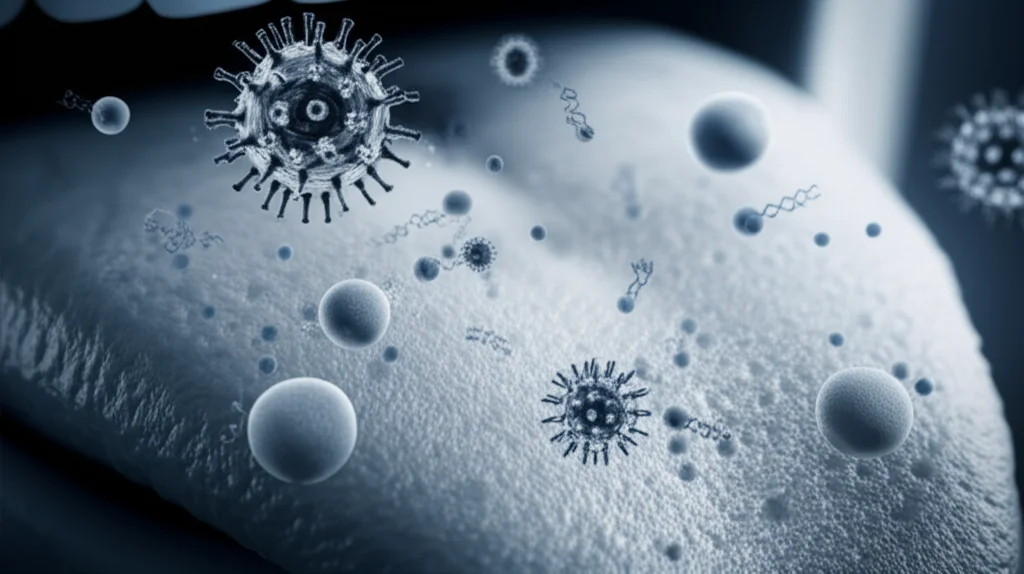 Concetto astratto fotorealistico che collega il gusto amaro (molecole stilizzate su una lingua umana vista da vicino, lente macro 60mm) a una risposta immunitaria contro il virus SARS-CoV-2 (particelle virali stilizzate e cellule immunitarie fluttuanti), illuminazione soffusa e drammatica, profondità di campo, colori blu e grigio duotone.