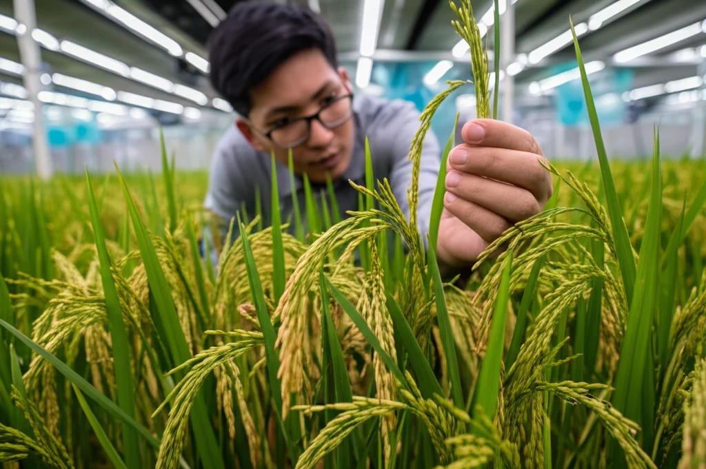 Fotografia fotorealistica di un ricercatore che esamina diverse piante di riso selvatico (Oryza) in una serra high-tech, prime lens, 35mm, depth of field, luce controllata, con focus sulle spighe mature che mostrano diversità morfologica.