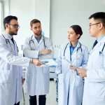 Fotografia realistica di un team multidisciplinare di professionisti sanitari (medici, infermieri, terapisti) in un ospedale cinese, impegnati in una discussione costruttiva sulla riabilitazione polmonare. Alcuni indicano grafici, altri ascoltano attentamente. L'ambiente è professionale ma si percepisce un senso di collaborazione e sfida. Obiettivo prime, 35mm, profondità di campo, illuminazione naturale da finestra laterale, stile documentaristico ma positivo.