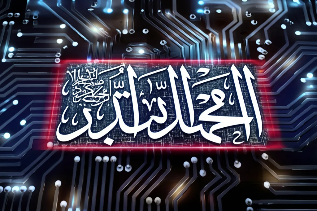 Immagine concettuale che fonde un antico verso di poesia araba elegantemente scritto con un moderno circuito digitale luminoso, simboleggiando l'unione tra tradizione e tecnologia per la sicurezza dei dati, stile fotorealistico, profondità di campo, illuminazione soffusa.