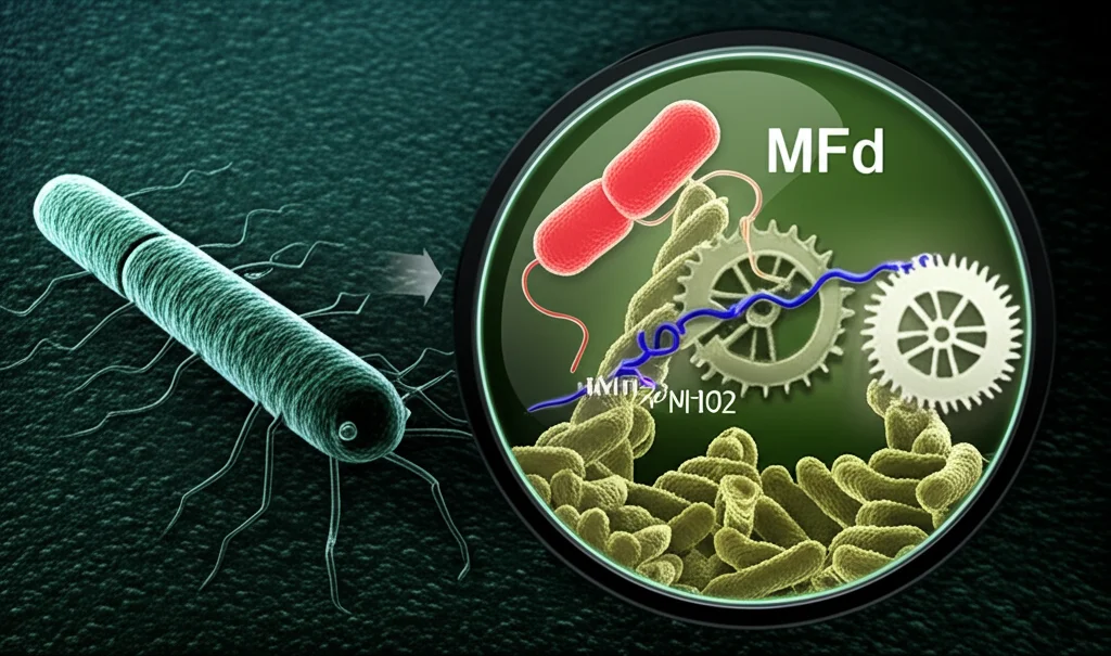 Immagine concettuale fotorealistica, lente prime 50mm, profondità di campo. Un batterio patogeno dall'aspetto minaccioso (come Pseudomonas aeruginosa) viene indebolito da una molecola stilizzata (NM102) che ne blocca un ingranaggio interno (Mfd), simboleggiando l'inibizione della virulenza e dell'evolvibilità. Illuminazione drammatica ma speranzosa.