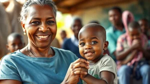 Immagine fotorealistica di una donna sudafricana caregiver che sorride con gentilezza, tenendo per mano un bambino. Scatto a mezzo busto, obiettivo 50mm, luce naturale calda, profondità di campo che sfoca leggermente lo sfondo comunitario, trasmettendo speranza e supporto.