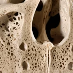 Immagine macro ad alta definizione di una sezione ossea umana complessa, la base cranica, illuminata da una luce laterale controllata che ne evidenzia la struttura porosa e intricata, focale precisa, obiettivo macro 100mm.