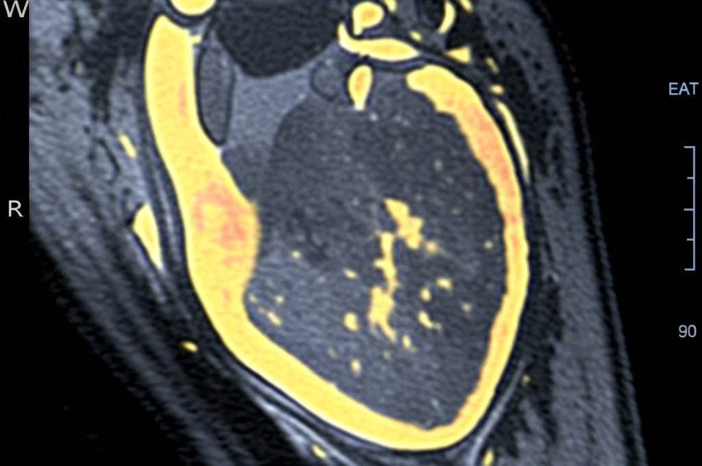 Immagine medica fotorealistica ad alta risoluzione di un cuore umano visualizzato tramite risonanza magnetica cardiaca (CMR). L'immagine mostra chiaramente il muscolo cardiaco (miocardio), il grasso epicardico (EAT) che lo avvolge come un sottile strato giallastro, e aree con texture alterata o segnale diverso indicative di fibrosi miocardica diffusa. Illuminazione clinica controllata, obiettivo macro virtuale 100mm per massimo dettaglio, focus preciso sulle strutture cardiache.