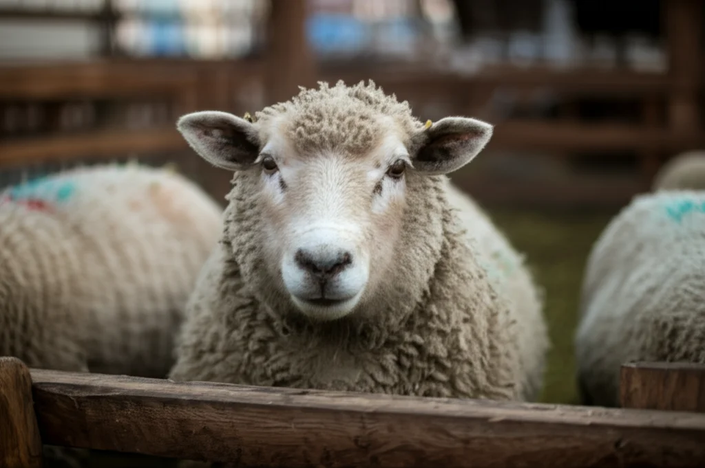 Primo piano di una pecora Small-tail Han in un recinto pulito, con sguardo attento rivolto verso l'osservatore. Luce naturale morbida del tardo pomeriggio, obiettivo 50mm, profondità di campo ridotta che sfoca leggermente lo sfondo del recinto, mettendo in risalto la texture dettagliata del vello bianco della pecora.