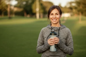 Ritratto fotografico di una donna sorridente di circa 45 anni, in abbigliamento sportivo, che tiene in mano una borraccia dopo un allenamento. Luce naturale del tardo pomeriggio, sfondo leggermente sfocato di un parco. Obiettivo prime 85mm, f/2.2, profondità di campo ridotta, atmosfera positiva e salutare, duotono caldo ocra e verde.