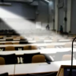 Un podio illuminato da un fascio di luce in una sala conferenze scientifica vuota, simboleggia l'arte della retorica e della persuasione rivolta alla comunità dei ricercatori sull'integrazione delle prospettive di sesso e genere. Fotografia di interni, obiettivo prime 50mm, profondità di campo ridotta, atmosfera evocativa e leggermente drammatica.