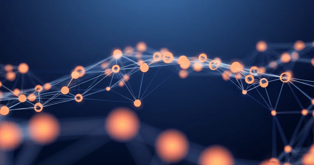 Visualizzazione fotorealistica di un grafo di rete sociale in evoluzione, con nodi che pulsano di luce per rappresentare eventi comunitari come crescita o fusione, linee interconnesse che si spostano. Effetto profondità di campo, obiettivo primario 35mm, tonalità duotone blu e arancione.