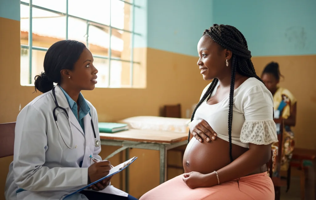 Donna incinta ghanese sorridente durante una visita prenatale in una clinica luminosa, il medico le sta parlando gentilmente. Scatto medio, 35mm, luce naturale morbida che entra da una finestra, profondità di campo che sfoca leggermente lo sfondo della clinica.