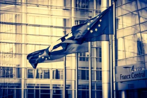 Fotografia stile ritratto, 35mm, della facciata della Banca Centrale Europea a Francoforte, con bandiere dell'UE e dei paesi membri in primo piano, in una palette duotone blu e oro, profondità di campo che sfoca leggermente lo sfondo urbano, simboleggiando l'autorità e la coordinazione dell'Eurosistema.