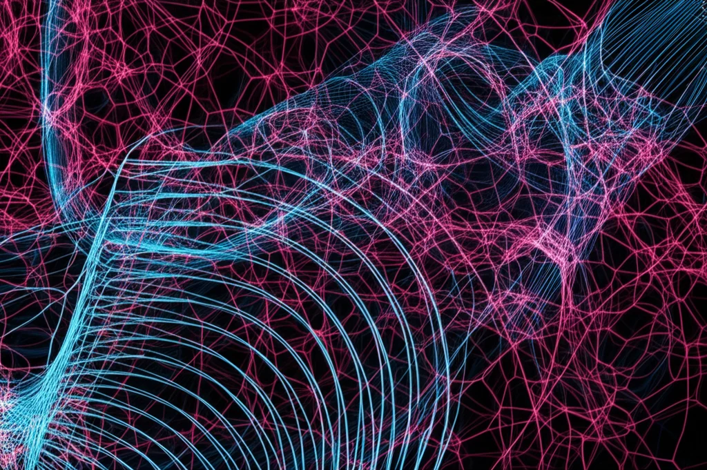 Immagine concettuale astratta che rappresenta la fusione di automi cellulari (pattern geometrici complessi e caotici), costruzione a spugna (struttura porosa e assorbente) e crittografia a curva ellittica (linee curve matematiche eleganti sovrapposte) per la sicurezza delle immagini digitali, fotografia ad alta tecnologia, obiettivo macro 100mm per dettagli nitidi, illuminazione controllata e drammatica, alta definizione.