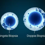 Immagine concettuale che mostra affiancate due blastocisti in laboratorio, una sottoposta a singola biopsia e l'altra a doppia biopsia, simboleggiando il confronto nella PGT, illuminazione da laboratorio precisa, alta definizione.