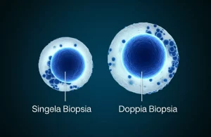 Immagine concettuale che mostra affiancate due blastocisti in laboratorio, una sottoposta a singola biopsia e l'altra a doppia biopsia, simboleggiando il confronto nella PGT, illuminazione da laboratorio precisa, alta definizione.