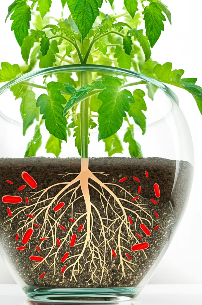 Immagine fotorealistica di una pianta di pomodoro sana e vigorosa in un vaso, con radici ben sviluppate visibili attraverso un lato trasparente del vaso, accanto a una rappresentazione stilizzata di batteri benefici (Rhodococcus ruber) nel terreno. Obiettivo macro 85mm, alta definizione, luce naturale controllata, focus sulle radici e sulla pianta.