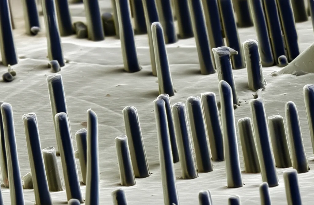 Immagine fotorealistica di una superficie nanotexturizzata stampata in 3D, con nanobarre magnetiche scure parzialmente allineate verticalmente che emergono da una matrice polimerica chiara. Illuminazione da laboratorio controllata che crea ombre definite, obiettivo macro 100mm, alta definizione per mostrare i dettagli nanoscopici delle barre emergenti e la texture della resina.