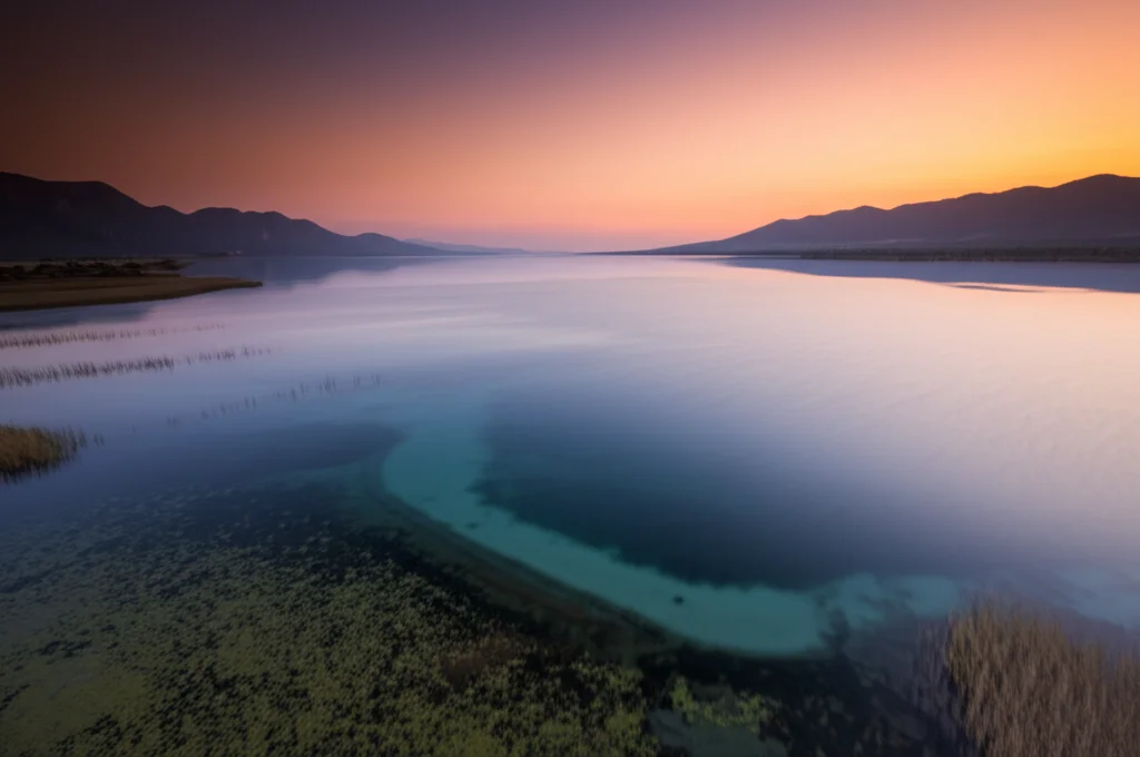 Panoramica aerea del Lago Bafa al tramonto, Turchia. Il lago salmastro riflette i colori caldi arancioni e viola del cielo. Si distinguono le aree più profonde di colore blu scuro e quelle più basse e costiere con canneti di colore verde-bruno. Montagne circondano parzialmente il lago. Obiettivo grandangolare 20mm, lunga esposizione per nuvole morbide e effetto seta sull'acqua, messa a fuoco nitida sull'orizzonte e sulla linea costiera.