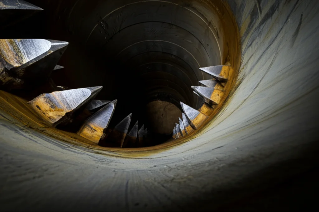 Vista interna di un pozzo di stoccaggio sotterraneo di gas (UGS), con focus su un packer ancorato al rivestimento (casing) in acciaio. Dettaglio macro, lente 60mm, sui denti dello slip che mordono la parete interna del casing, illuminazione drammatica che evidenzia la tensione meccanica. Ambiente industriale sotterraneo.