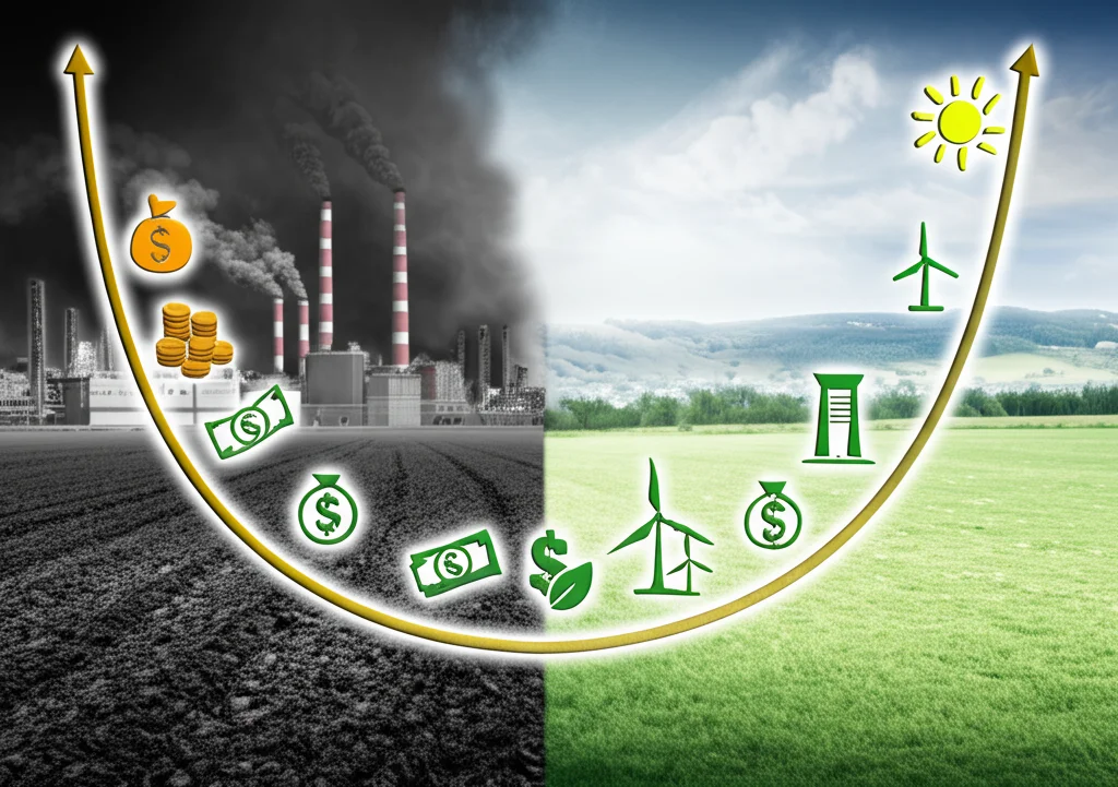 Grafico stilizzato che mostra una curva a U rovesciata (EKC) sovrapposta a simboli di denaro (tasse, spesa pubblica, debito) e icone di energia rinnovabile (sole, vento), con uno sfondo diviso tra un paesaggio industriale inquinato e uno naturale verde e pulito. Obiettivo 50mm, illuminazione drammatica che evidenzia il contrasto, alta definizione.