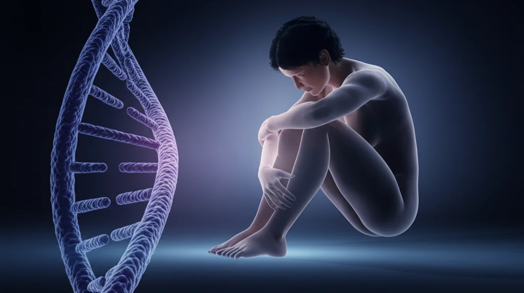 Immagine concettuale che mostra una doppia elica di DNA stilizzata sovrapposta a una figura umana astratta che esprime dolore diffuso e fatica, colori duotone blu e viola, profondità di campo, obiettivo 50mm, illuminazione drammatica.