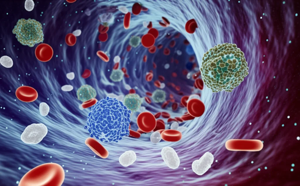 Immagine concettuale di molecole lipidiche stilizzate (sfere e catene colorate) che interagiscono con globuli rossi e bianchi in un vaso sanguigno astratto, simboleggiando lo studio della lipidomica nella sepsi pediatrica. Obiettivo macro 90mm, alta definizione, illuminazione controllata, sfondo blu scuro medico.