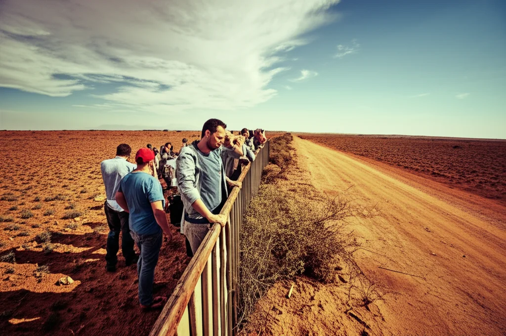 Immagine fotorealistica potente che simboleggia il 'Grande Divario': da un lato, una terra arida con persone che guardano verso un orizzonte più prospero e tecnologicamente avanzato (Nord) visibile in lontananza, separate da una barriera naturale o simbolica. Lente 35mm, stile documentaristico, colori a contrasto (caldi/desaturati vs freddi/vividi).