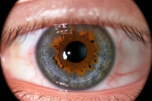 Microfotografia ad alta risoluzione di un occhio umano con cheratite fungina causata da Phaeoacremonium iranianum, obiettivo macro 100mm, illuminazione controllata, alta definizione dei dettagli dell'ulcera corneale grigiastra e delle ife fungine visibili sulla superficie oculare.