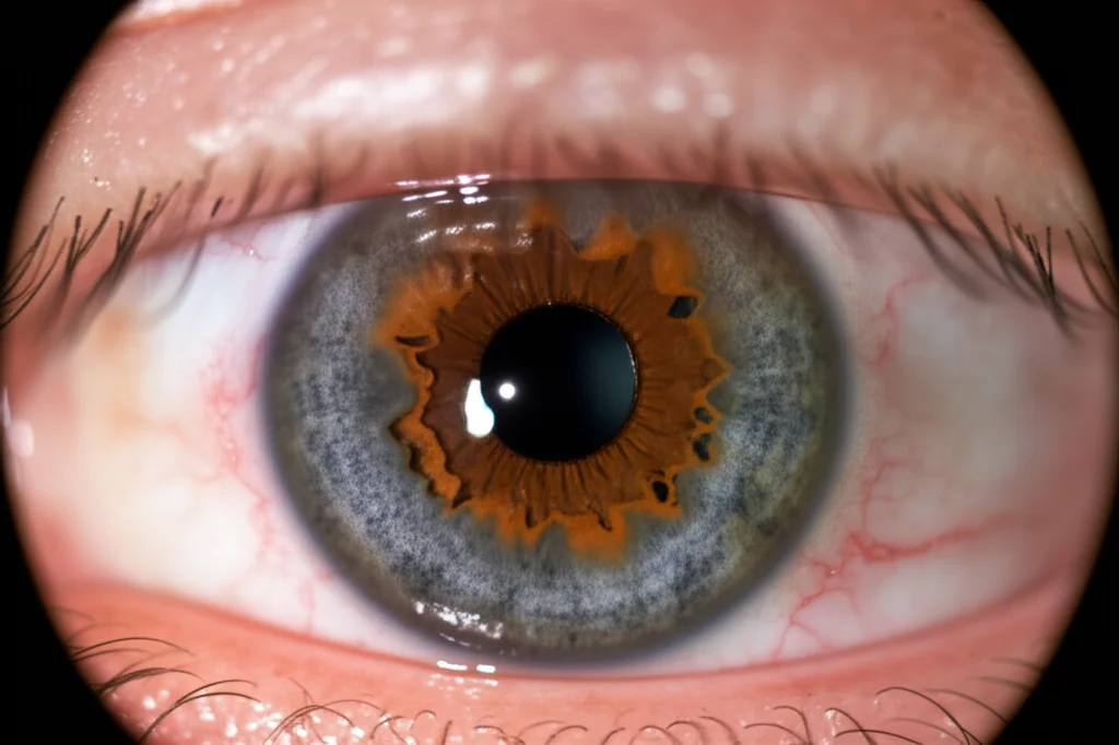 Microfotografia ad alta risoluzione di un occhio umano con cheratite fungina causata da Phaeoacremonium iranianum, obiettivo macro 100mm, illuminazione controllata, alta definizione dei dettagli dell'ulcera corneale grigiastra e delle ife fungine visibili sulla superficie oculare.