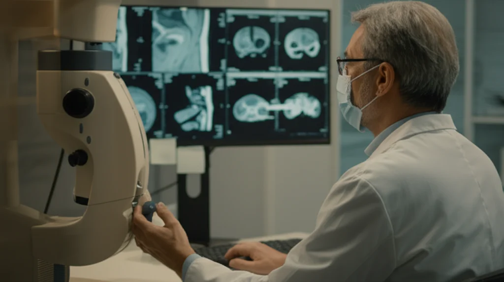 Primo piano di un urologo che esamina attentamente immagini di risonanza magnetica della prostata su uno schermo ad alta definizione in uno studio medico moderno, luce controllata, obiettivo prime 50mm, profondità di campo.