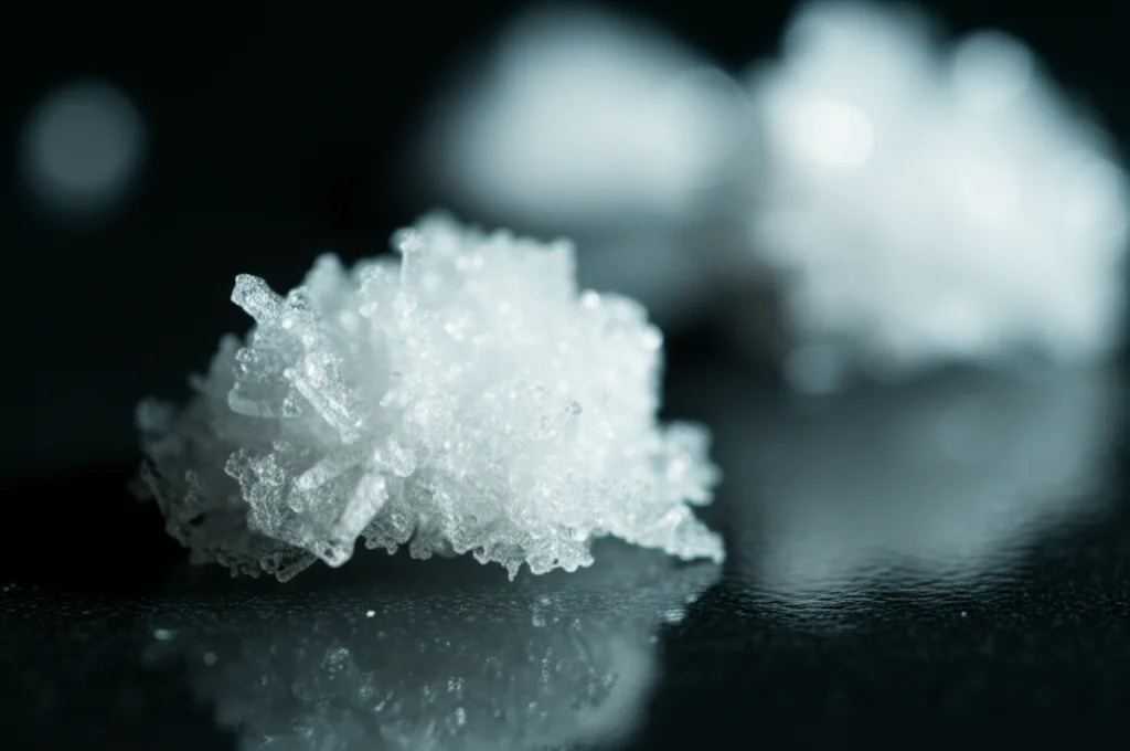 Primo piano macro di cristalli bianchi puri di trimetilene carbonato (TMC) su una superficie di laboratorio pulita e scura, illuminazione controllata da studio, obiettivo macro 100mm, alta definizione dei dettagli cristallini, che simboleggia la purezza e l'innovazione della nuova sintesi green.