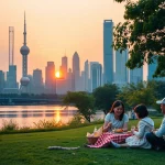 Skyline moderno di Shanghai al tramonto fuso con un'immagine di una famiglia cinese che si gode un picnic in un parco verde, simboleggiando la fusione tra sviluppo economico e prosperità comune. Obiettivo 35mm, profondità di campo, colori caldi.