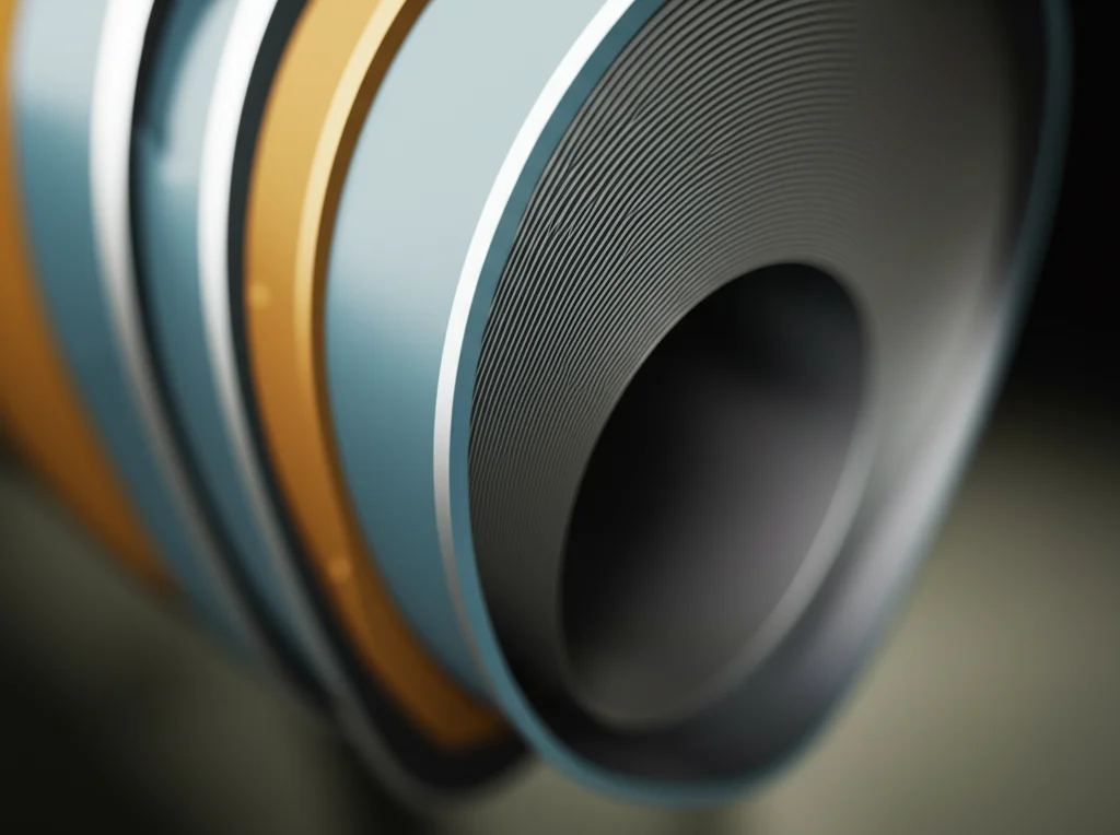 Visualizzazione 3D fotorealistica della microstruttura del vetro metallico bi-materiale (BMS). Si vedono chiaramente lo strato centrale di vetro metallico amorfo e gli strati esterni curvi di un altro metallo. L'immagine enfatizza l'interfaccia perfetta tra i materiali. Lente macro 100mm, alta definizione, illuminazione da studio che evidenzia le texture diverse dei materiali.