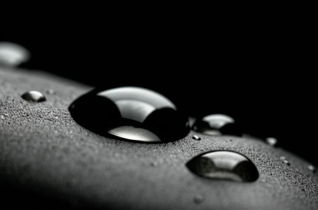 Fotografia macro, 100mm, di gocce di mercurio liquido metallico lucido su una superficie scura e testurizzata, illuminazione controllata per evidenziare i riflessi, alta definizione, che simboleggia il pericolo dell'avvelenamento da mercurio.