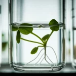 Fotografia macro di una giovane piantina di ninfea (Nymphaea micrantha) in una provetta da coltura tissutale, lente macro 100mm, illuminazione controllata da laboratorio, alta definizione dei dettagli delle piccole foglie verdi e delle radici nascenti nel gel nutritivo trasparente.
