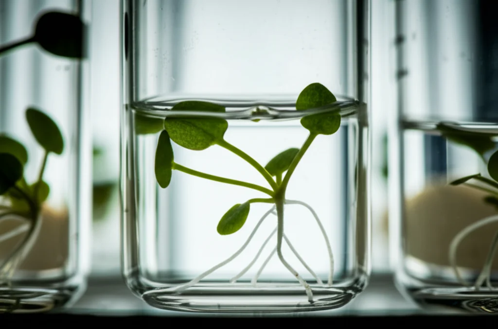 Fotografia macro di una giovane piantina di ninfea (Nymphaea micrantha) in una provetta da coltura tissutale, lente macro 100mm, illuminazione controllata da laboratorio, alta definizione dei dettagli delle piccole foglie verdi e delle radici nascenti nel gel nutritivo trasparente.
