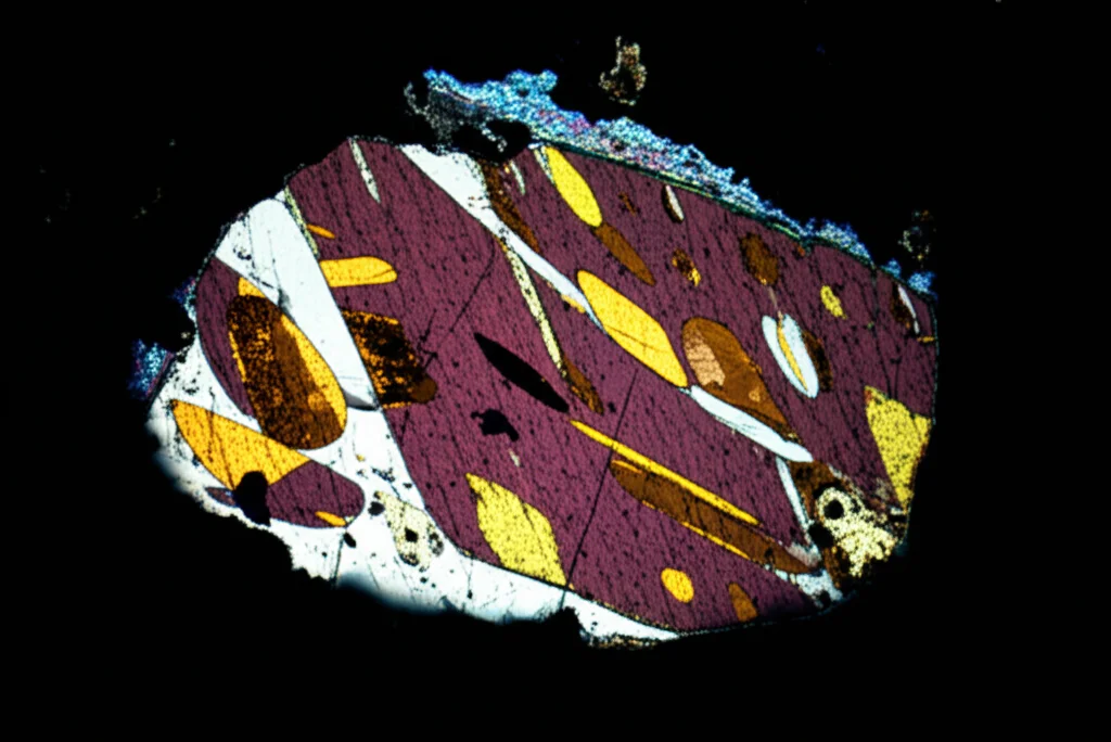 Fotografia macro fotorealistica di una sezione sottile petrografica illuminata al microscopio a luce polarizzata piana (PPL), obiettivo macro 100mm, alto dettaglio di minerali colorati come biotite e andalusite con forme cristalline distinte e contrasti evidenti, illuminazione controllata e precisa.