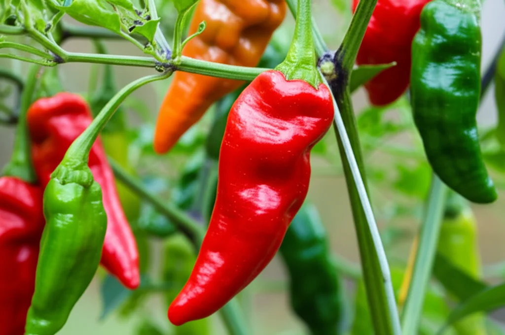Fotografia macro, obiettivo 70mm, di diversi peperoncini rossi e verdi brillanti ancora attaccati alla pianta. Uno dei peperoncini mostra sottili segni di screziatura gialla e leggera deformazione, indicativi di una malattia virale. Messa a fuoco nitida sui peperoncini in primo piano con sfondo leggermente sfocato (bokeh), luce naturale controllata che esalta i colori vivaci e i dettagli della superficie, alta definizione.