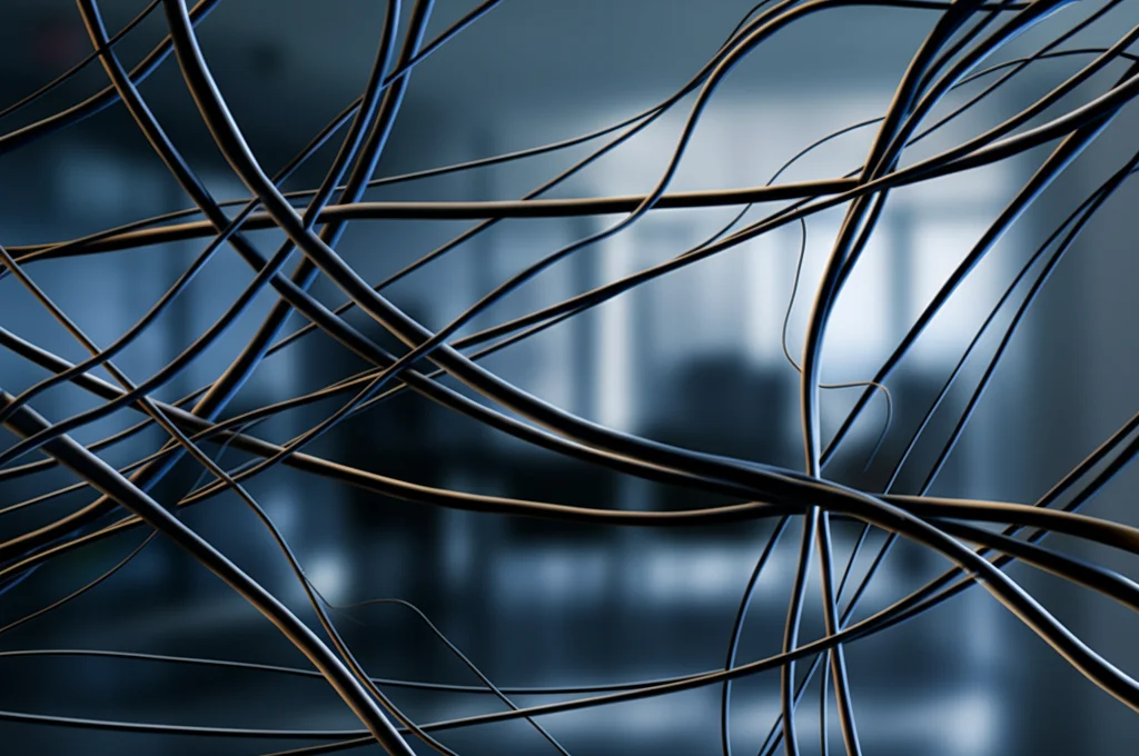 Immagine concettuale astratta che rappresenta la turbolenza ambientale, con linee vorticose di diversa intensità (grado, più spesse o sottili) e lunghezza (durata, più corte o lunghe) su uno sfondo aziendale moderno e sfocato. Illuminazione drammatica laterale, dettagli elevati, colori freddi con accenti caldi.