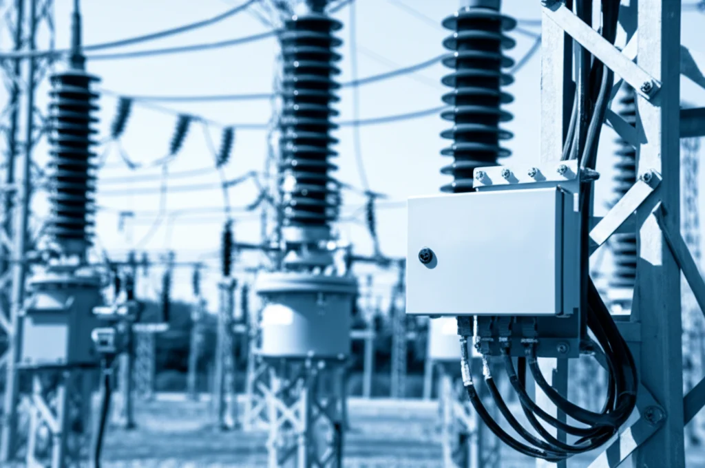 Immagine fotorealistica, obiettivo prime 35mm, vista ravvicinata del dispositivo di rilevamento intelligente della temperatura montato su un grande trasformatore di potenza, profondità di campo che sfoca le strutture della sottostazione sullo sfondo, enfatizzando l'integrazione e la robustezza del dispositivo, duotone blu e grigio.