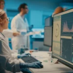 Un ambiente di ricerca clinica moderno e luminoso, con scienziati e personale medico che collaborano attivamente attorno a postazioni computerizzate e attrezzature di laboratorio. Focus nitido su uno schermo che mostra grafici di dati clinici. Obiettivo prime 50mm, profondità di campo accentuata, illuminazione controllata e professionale che crea un'atmosfera high-tech ma umana.