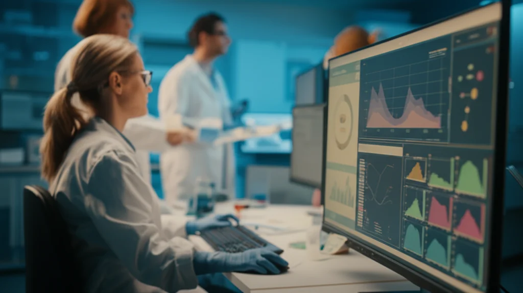 Un ambiente di ricerca clinica moderno e luminoso, con scienziati e personale medico che collaborano attivamente attorno a postazioni computerizzate e attrezzature di laboratorio. Focus nitido su uno schermo che mostra grafici di dati clinici. Obiettivo prime 50mm, profondità di campo accentuata, illuminazione controllata e professionale che crea un'atmosfera high-tech ma umana.