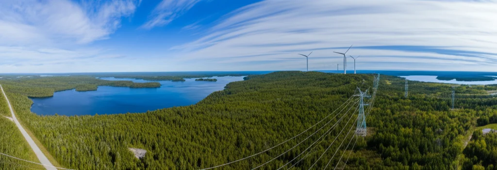 Veduta aerea grandangolare 10mm del paesaggio canadese che mostra la giustapposizione tra natura incontaminata (foreste rigogliose, un lago cristallino) e infrastrutture energetiche (linee elettriche che attraversano il paesaggio, un parco eolico visibile in lontananza sulla collina). Luce del giorno diffusa e chiara, focus nitido su tutto il panorama, lunga esposizione per nuvole leggermente mosse, simboleggiando l'equilibrio complesso tra sviluppo e ambiente.