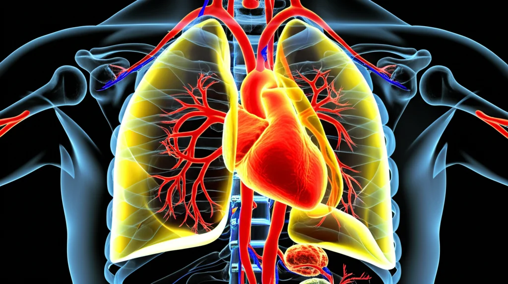 Visualizzazione 3D fotorealistica ad alta definizione di mappe parametriche PET (K_i, v_b, k_3) sovrapposte a un'anatomia umana digitale del torace, evidenziando l'attività metabolica differenziata in tumori, cuore, polmoni e vasi sanguigni. Illuminazione controllata, stile scientifico avanzato.