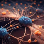 Visualizzazione concettuale del cervello di un neonato prematuro infiammato a causa della sepsi. Cellule immunitarie come neutrofili (sfere luminose arancioni) infiltrano il tessuto cerebrale, mentre le microglia (cellule ramificate blu) mostrano segni di attivazione e stress metabolico. Sullo sfondo, la sostanza bianca appare danneggiata. Effetto profondità di campo, colori duotone blu e arancione per rappresentare infiammazione e danno neuronale. Obiettivo prime 35mm, stile fotorealistico ma illustrativo.