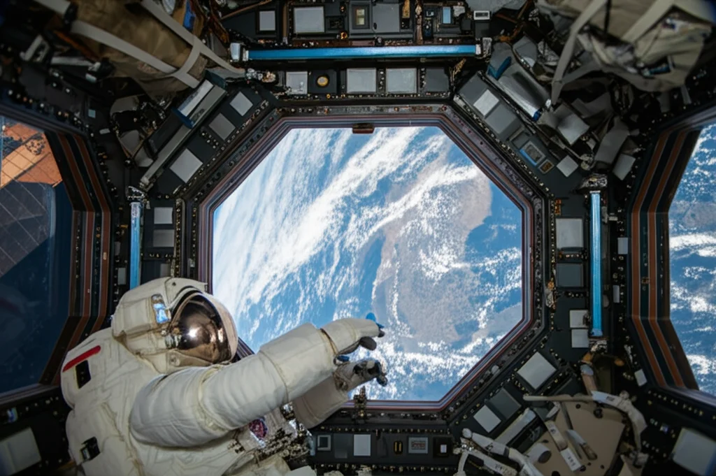Astronauta che fluttua all'interno della Cupola della Stazione Spaziale Internazionale, guardando pensieroso verso la Terra visibile dalla grande finestra. La scena simboleggia l'alterazione della percezione sensoriale e del senso della posizione in microgravità. Obiettivo 35mm prime lens, profondità di campo che mantiene a fuoco l'astronauta e la vista terrestre sfocando leggermente l'interno della stazione, luce naturale proveniente dalla Terra che illumina il volto dell'astronauta, stile fotorealistico ad alta definizione.