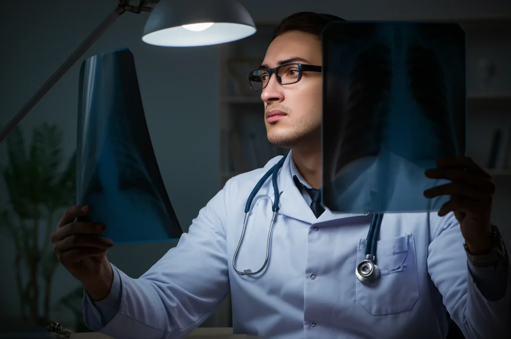 Fotografia in stile 'film noir' di un medico pensieroso che guarda una radiografia illuminata in uno studio scarsamente illuminato, obiettivo 35mm, contrasto elevato, focus sul volto del medico.